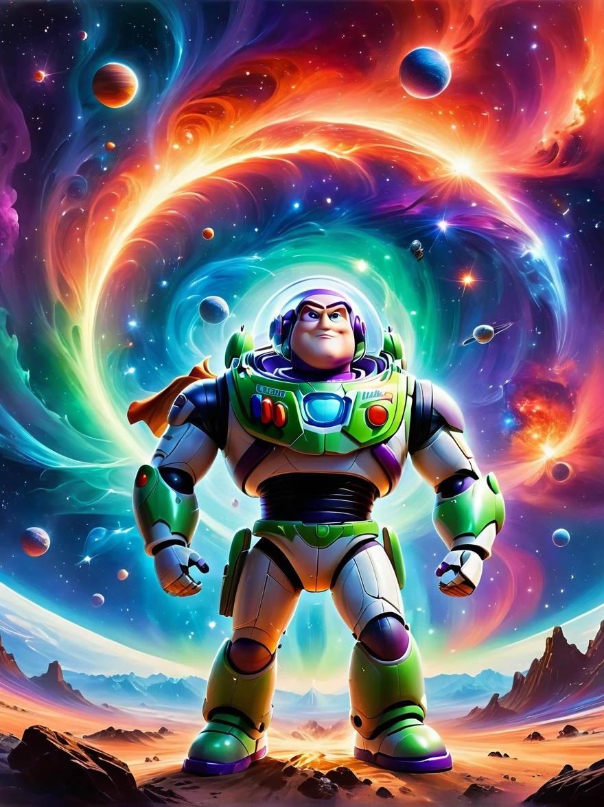 Buzz Lightyear strolls through a colorful space environment，From red to blue，Rich colors from green to purple reflect the wonders of the universe surrounding space travelers，When a massive supernova explodes，One will notice an ethereal blend of tones，A huge amount of energy is released in the background。，This sublime celestial event illuminates the wonders of the infinite universe with incandescent filaments and pulsating light.，Casting a spectacular light across the entire panorama，This mesmerizing landscape celebrates the stunning beauty and mystery of space