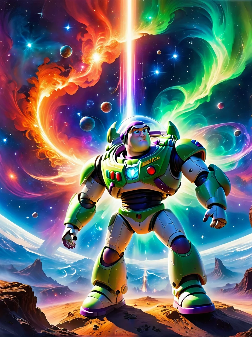 Buzz Lightyear strolls through a colorful space environment，From red to blue，Rich colors from green to purple reflect the wonders of the universe surrounding space travelers，When a massive supernova explodes，One will notice an ethereal blend of tones，A huge amount of energy is released in the background。，This sublime celestial event illuminates the wonders of the infinite universe with incandescent filaments and pulsating light.，Casting a spectacular light across the entire panorama，This mesmerizing landscape celebrates the stunning beauty and mystery of space