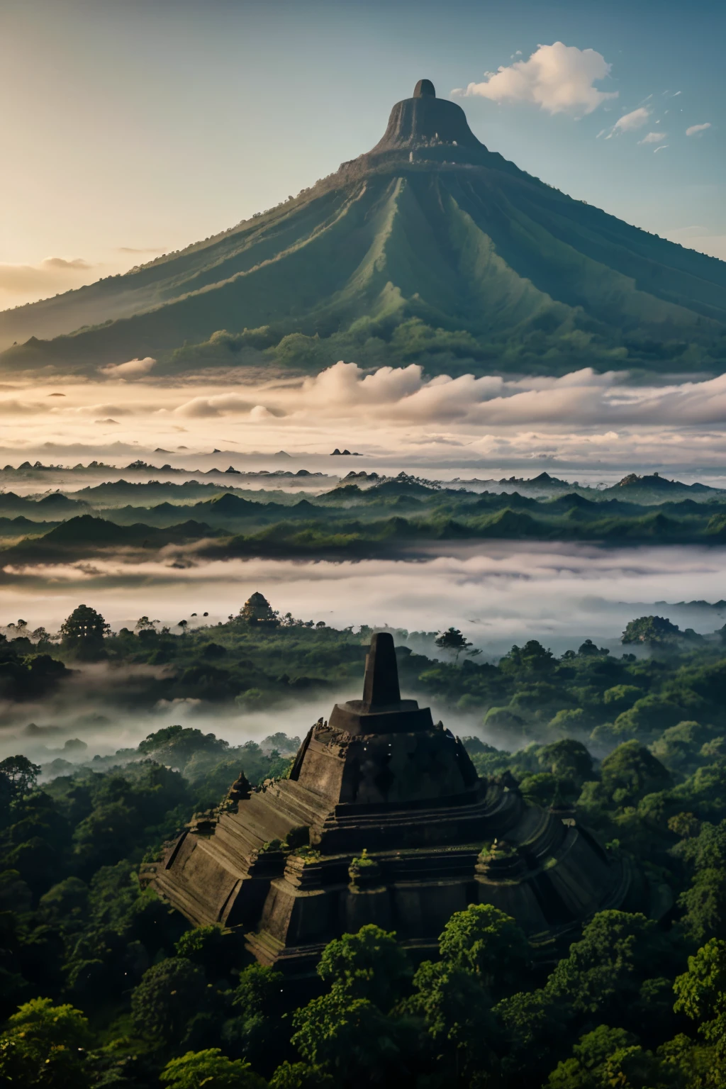 borobudur temple wide shoot, in dense forest and mist, in background a far view of merapi mountain. cinematic shoot, epic.