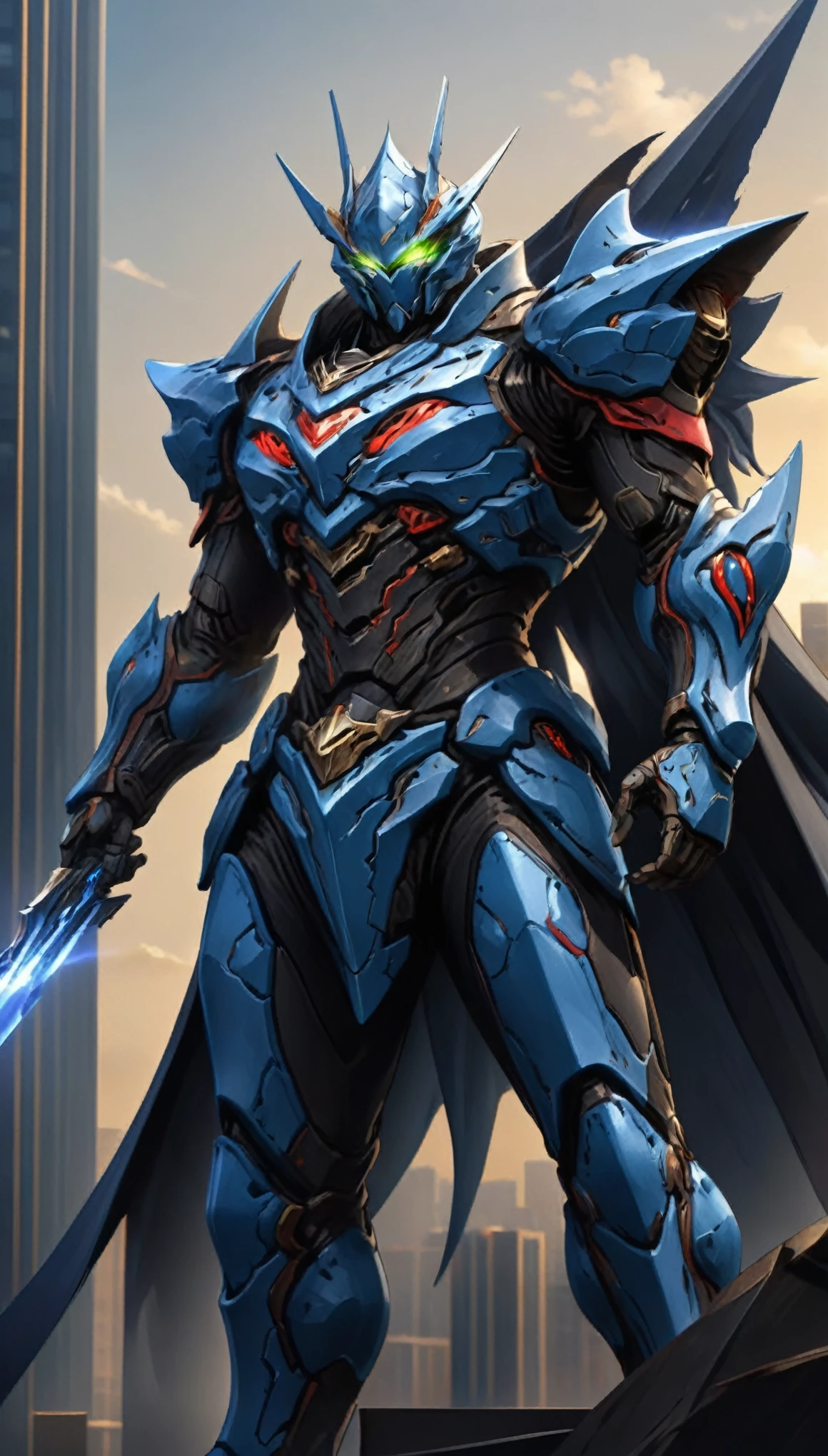 A man wearing a full-face helmet, a fantasy-style biotech armored combat suit, green eyes, (a composite layered chest armor), fully enclosed shoulder guards, matching arm and leg guards, the belt is adorned with fangs biting into gemstone, (the color scheme is primarily blue with black and red accents), the design balances heavy with agility, a high-tech bio-mecha armor, (Armor Concept Inspired by Vampire, the huge cape fluttering in the wind, stand on the top of a skyscraper in a futuristic sci-fi city), this character embodies a finely crafted fantasy-surreal style armored hero in anime style, exquisite and mature manga art style, (battle damage, element, blood, plasma, energy, the armor glows), ((male:1.5)), metallic, real texture material, dramatic, high definition, best quality, highres, ultra-detailed, ultra-fine painting, extremely delicate, professional, perfect body proportions, golden ratio, anatomically correct, symmetrical face, extremely detailed eyes and face, high quality eyes, creativity, RAW photo, UHD, 32k, Natural light, cinematic lighting, masterpiece-anatomy-perfect, masterpiece:1.5