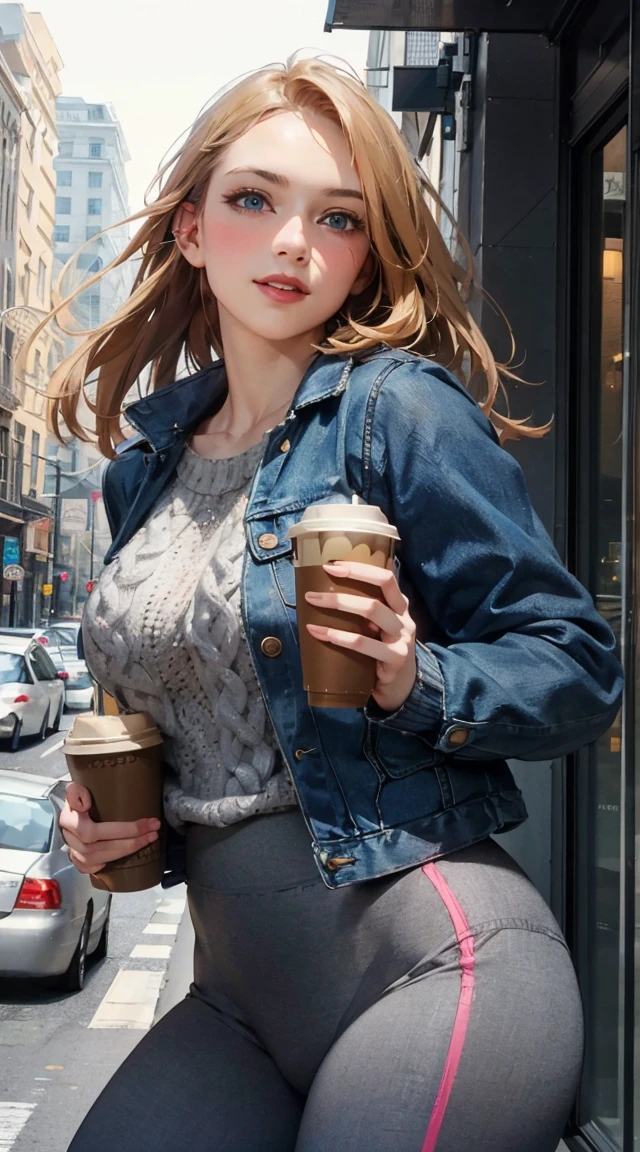 (masterpiece, best quality:1.4), (modern days), (cowboy shot), 1girl, solo, pov, sfw,
stunning girlfriend, (standing:1.1), dynamic pose, (white oversized sweater, knit sweater:1.4), (tight yoga pants, dark grey yoga pants:1.4), (short navy blue jacket, denim jacket:1.4), long blonde hair, swept bangs, heart shaped face, elegant face, beautiful face, highly detailed face, highly detailed skin, skin pores, subsurface scattering, (detailed blue eyes), realistic pupils, large breast, loving smile, looking at viewer, full face blush, full lips, holding a single coffee cup, centered,
coffee shop in background, city street, sunny day, wind, detailed background, depth of field, atmospheric perspective, volumetric lighting, sharp focus,
absurdres, realistic proportions, good anatomy, (realistic, hyperrealistic:1.4), 16k hdr,