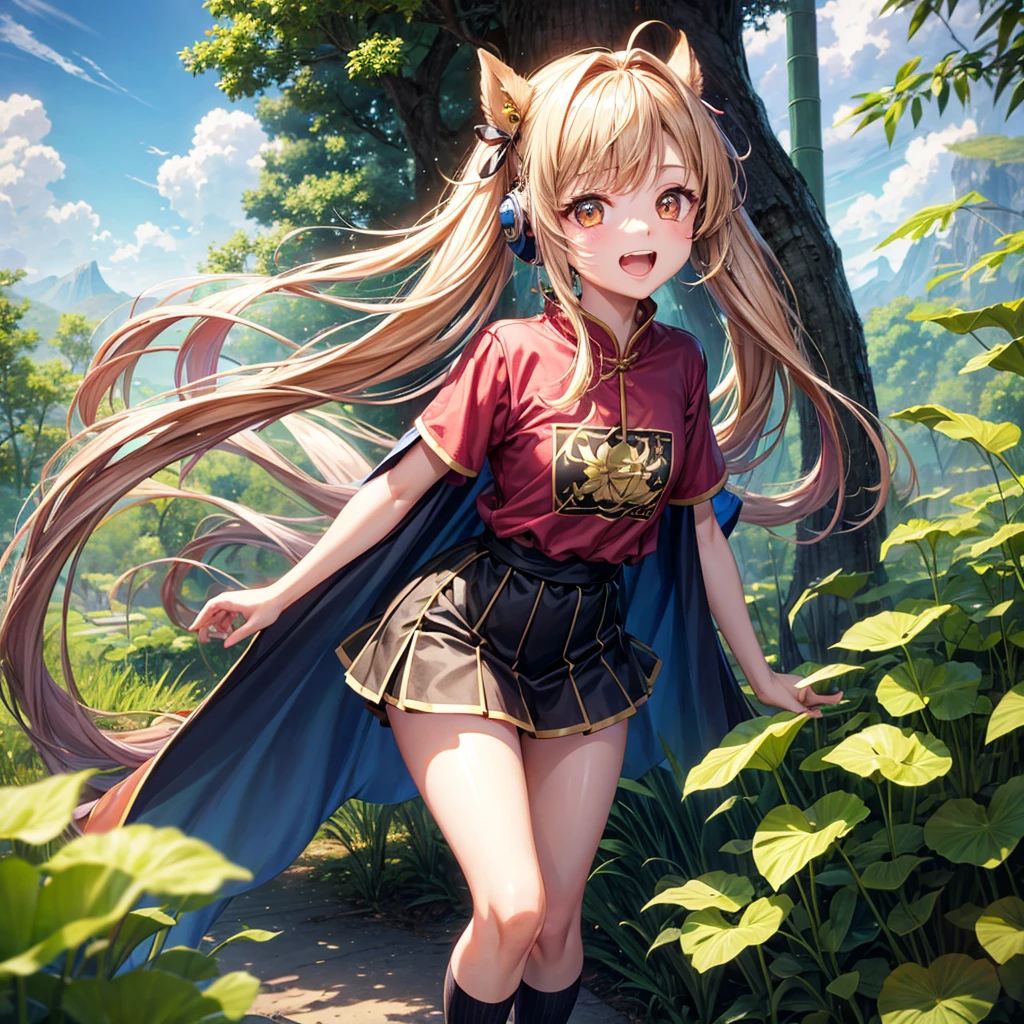 Pink gold golden hair、Golden Eyes、One good looking girl、Twin tails、solo、anime、Checkered mini skirt、The skirt has buttons、Red T-shirt、China、Cape、Black knee-high socks、Wearing headphones、Wearing a ribbon、Ribbon on waist、Tilting face、Teeth are visible、Sunset sky、Water Mountain、Piercing the clouds、Contrail、lens、tree、Touching your face、lotus leaves、Cumulonimbus、bamboo forest