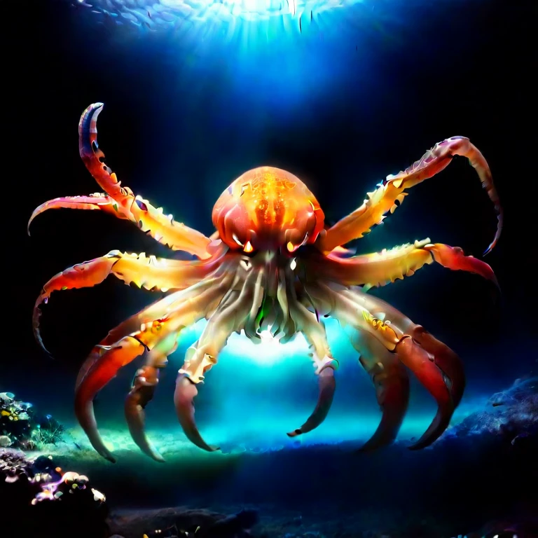 Space behemoth, Depth of written boundary, 32K resolution, UHD photo, Crab-like appearance,glowing tentacles, texture, Realistic, Future SF, Sur Megaro Deep Crab is located about 3km below the ocean floor.,Inhabits at 000m、Its body length reaches approximately 15m.。
外見は巨大なカニのようでglowing tentaclesを持つ。
They usually feed on deep sea fish、Occasionally they attack submarines.。
If you encounter one, carefully back away to avoid getting entangled by its tentacles.。