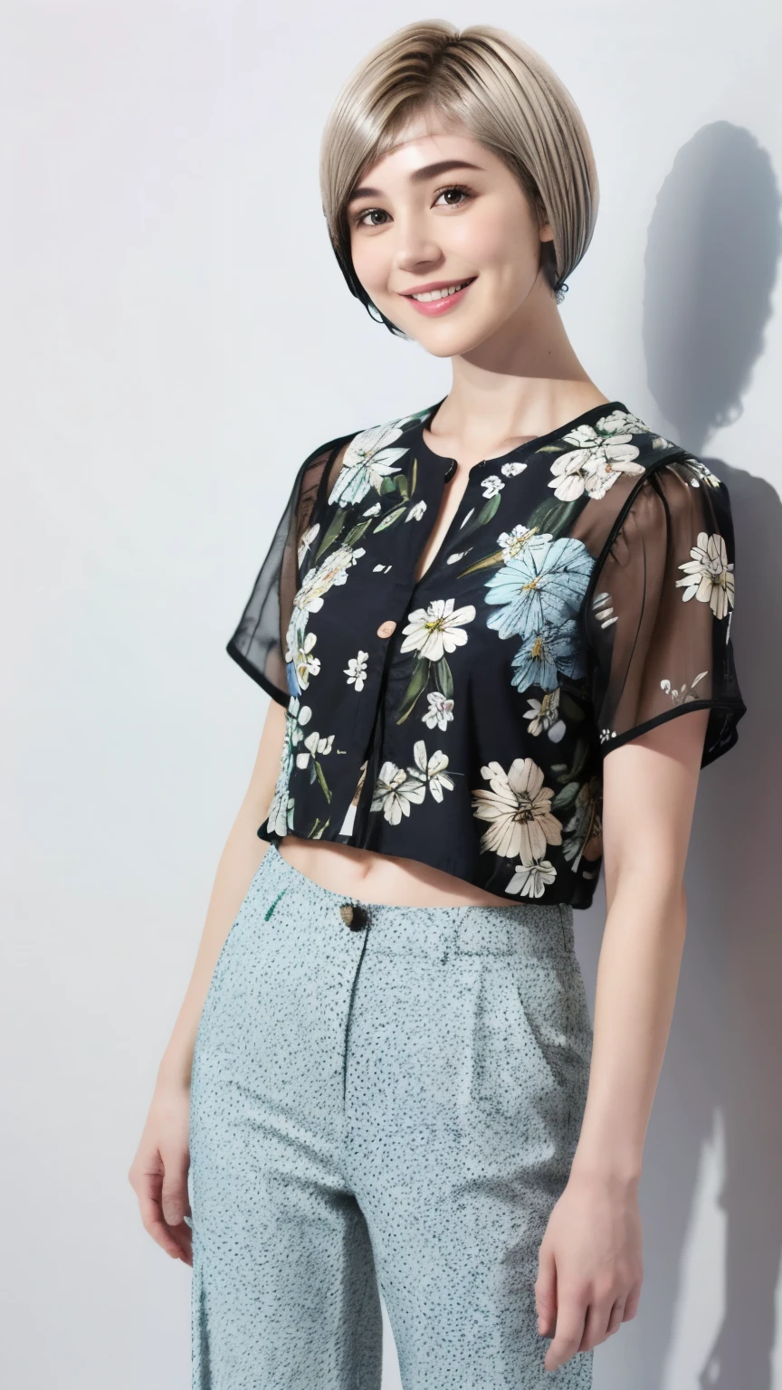 230 (18-year-old female,Floral clothes), ((short hair:1.46)), (Pants Style), (A kind smile)