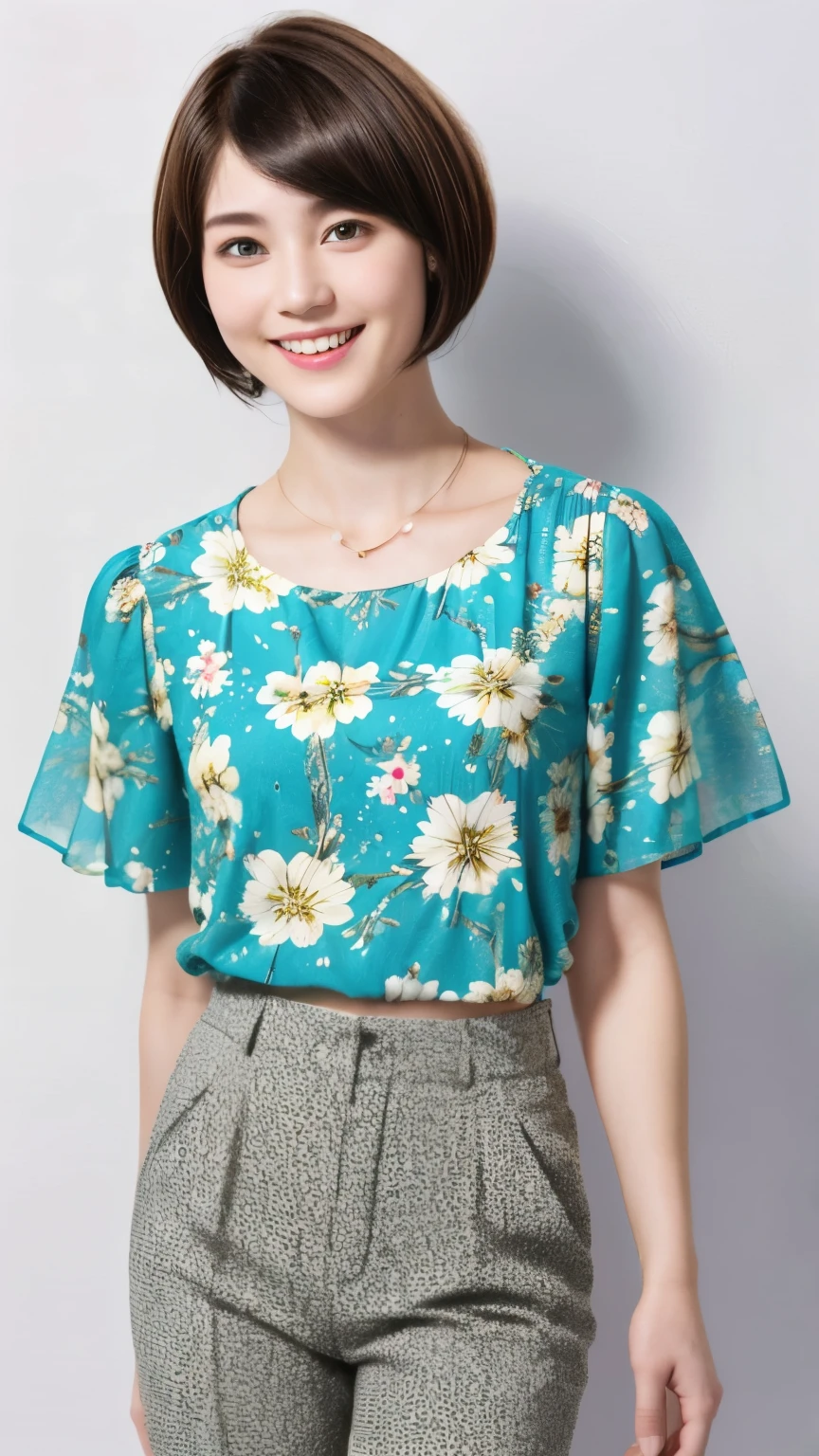 230 (18-year-old female,Floral clothes),  ((short hair:1.46)),  (Pants Style), (A kind smile)