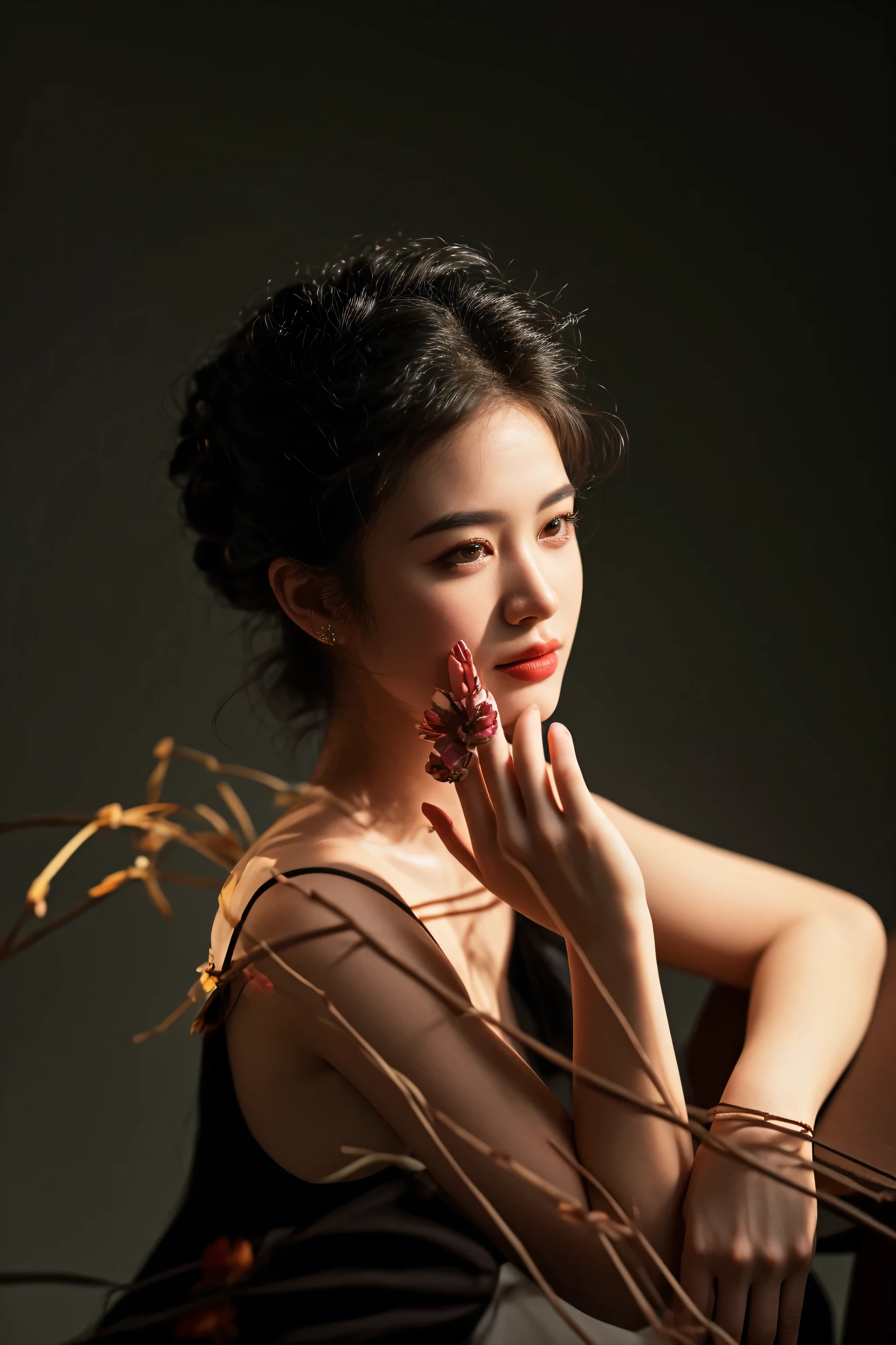 there is a woman that is sitting down with a flower in her hand, shot on canon eos r 5, shot on canon eos r5, captured on canon eos r 6, 8k artistic portrait photography, shot with canon eoa 6 d mark ii, portrait shot, shot with sony alpha 1 camera, editorial photograph, modeling photography, portrait image, editorial portrait