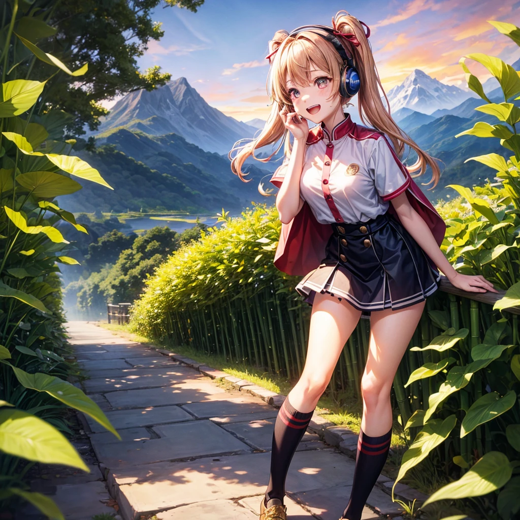 Pink gold golden hair、Golden Eyes、One good looking girl、Twin tails、solo、anime、Checkered mini skirt、The skirt has buttons、Red T-shirt、China、Cape、Black knee-high socks、Wearing headphones、Wearing a ribbon、Ribbon on waist、Tilting face、Teeth are visible、Sunset sky、Water Mountain、Piercing the clouds、Contrail、lens、tree、Touching your face、lotus leaves、Cumulonimbus、bamboo forest