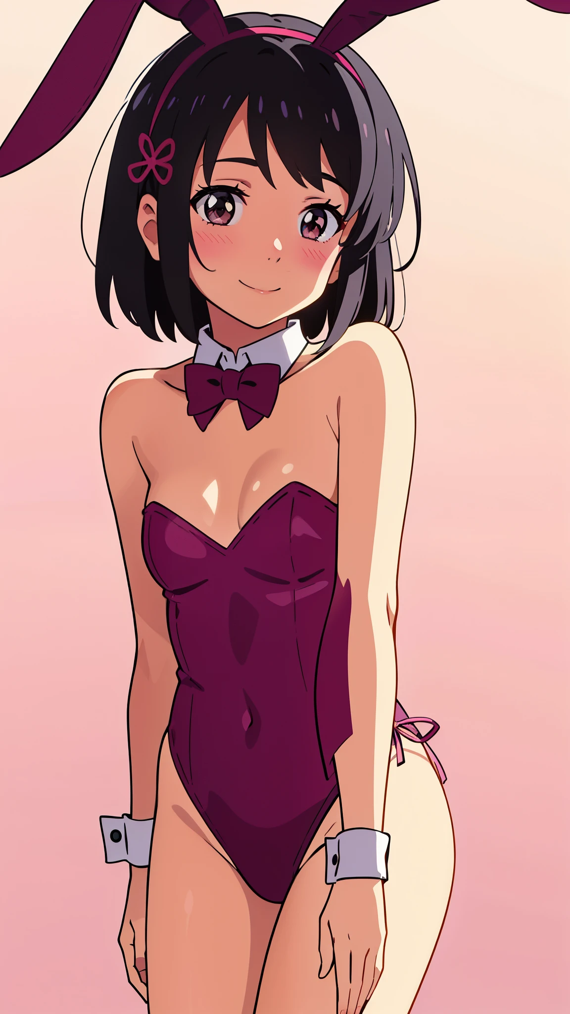 shinkai makoto, kimi no na wa., 1girl, bangs, black hair, blush, brown eyes, shinny skin, red headband, red ribbon, red bow, bare shoulders, bare-legged, short hair, smile, cute, solo, happy, hair ornament, rabbit ears, playboy bunny, pink leotard, detached collar, pink background