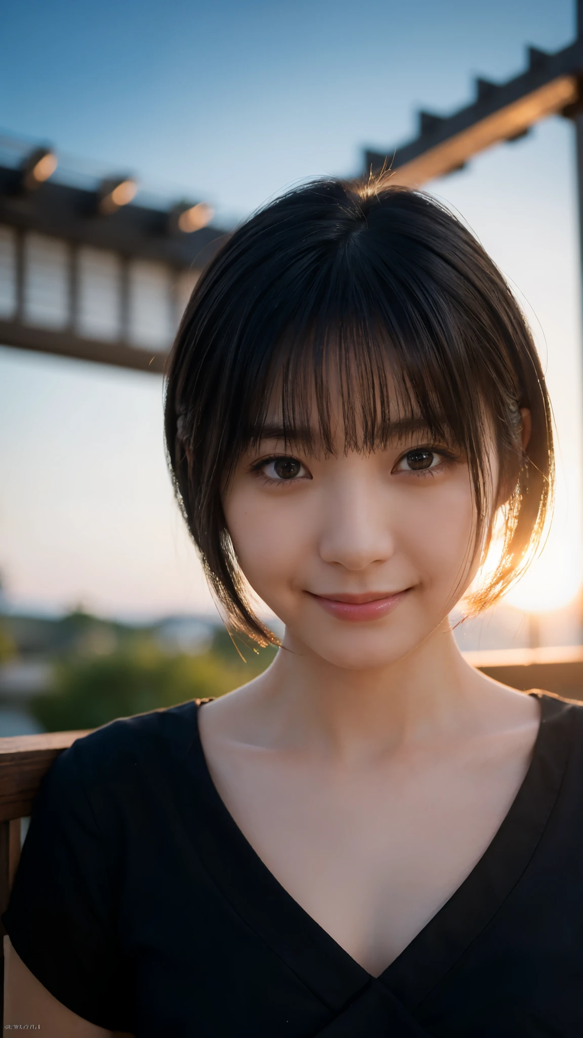 (highest quality,masterpiece:1.3,Ultra-high resolution),(Super detailed,Caustics,8k), (Photorealistic:1.4, RAW shooting),Sunset sky,Japanese,20-year-old,smile,Black short hair,Black Shirt,Bust up shot,Face Focus,Face close up,Natural light,Illuminate from below,Professional Lighting