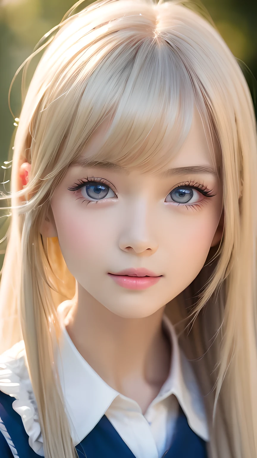 Photorealism、highest quality、超A high resolution、photograph、Photograph of a very beautiful girl from Scandinavia、Very beautiful girl、Cute and beautiful face details、(PurerosFace_v1:0.008)、Beautiful Bangs、Alice in Wonderland、、Shine, fair, Shine Skin、Facial hair、Bangs on the face、Bangs between the eyes、Super long super long hair、Attractive bright natural platinum blonde super long straight silky hair、Thin Hair、Very large, Beautifully Shine Bright Blue Eyes、white apron、Blue clothes、eyeliner、double eyelid、Ample Bust、white, Shiny skin、Small Face Beauty、Round face、