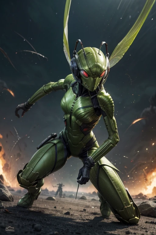 An alien warrior being is fighting in the 
battlefield ,armed and dangerous, praying mantis, command with power, violent frame, green yellowish, yellow greenish and dark blue ,female, sweet, three quarter wiew, digital art



