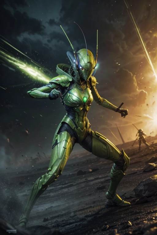 An alien warrior being is fighting in the
battlefield ,armed and dangerous, praying mantis, command with power, violent frame, green yellowish, yellow greenish and dark blue ,female, sweet, three quarter wiew, digital art