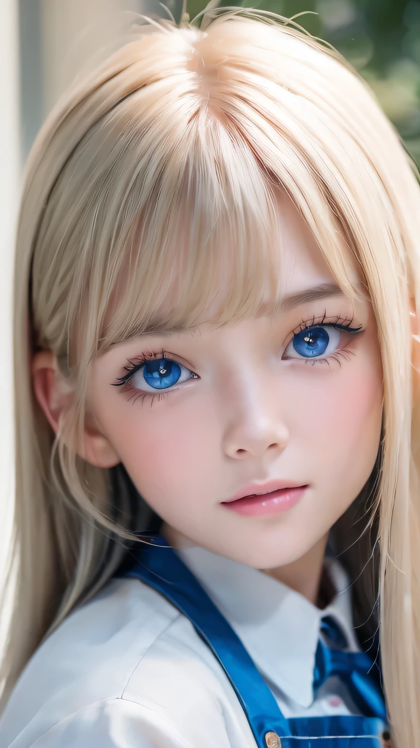 Photorealism、highest quality、超A high resolution、photograph、Photograph of a very beautiful girl from Scandinavia、Very beautiful girl、Cute and beautiful face details、(PurerosFace_v1:0.008)、Beautiful Bangs、Alice in Wonderland、、Shine, fair, Shine Skin、Facial hair、Bangs on the face、Bangs between the eyes、Super long super long hair、Attractive bright natural platinum blonde super long straight silky hair、Thin Hair、Very large, Beautifully Shine Bright Blue Eyes、white apron、Blue clothes、eyeliner、double eyelid、Ample Bust、white, Shiny skin、Small Face Beauty、Round face、