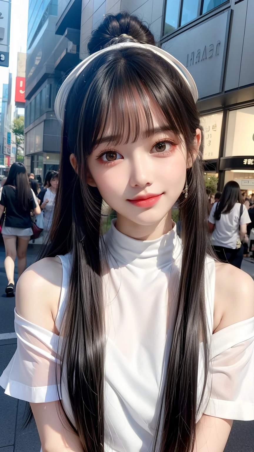 best quality、Natural lip shape、White skin、The light is very good、Beautiful Lights、((Straight Hair))、((Ponytail))、((Black Hair))、Bangs、Take off the shoulders、Big rift、White short top、mini skirt、Gorgeous accessories、Harajuku、Smile、かわいいSmile、Crowd of people in the city