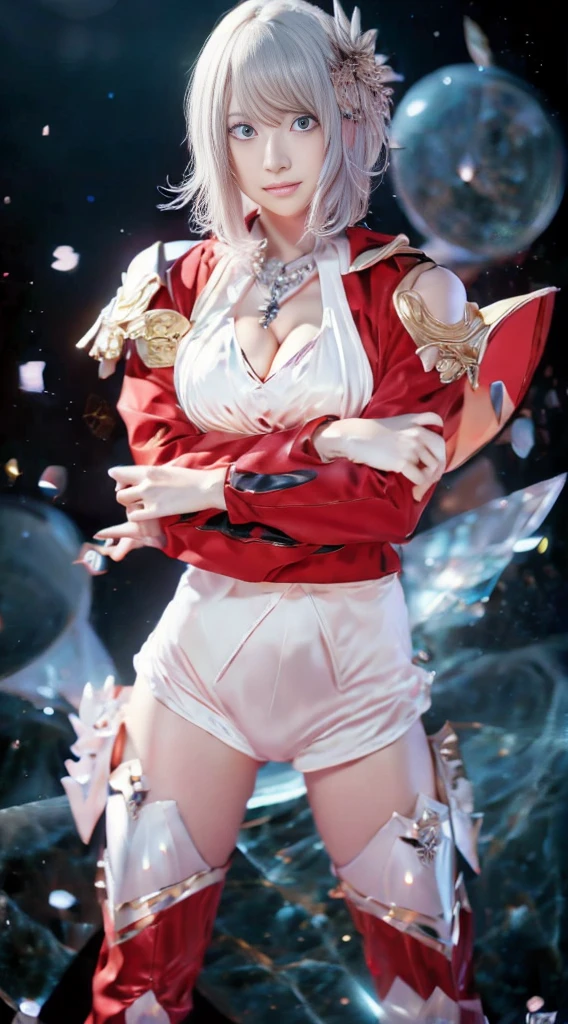 (( (masterpiece),(Very detailedな CG Unity 8k 壁紙),(Bust Shot:1.5), highest quality,Cinema Lighting,Realistic, Detailed Background,Beautiful and beautiful eyes,Bright Eyes,(Very elegant and beautiful),(Beautifully detailed eye depiction),Very detailed,masterpiece,High resolution)), Richly decorated armor, Beautiful Female Warrior, short hair, Platinum Blonde Hair, 、Different actionr.々Clothes、Red costume、Mr.々A pose、Colorful costumes、whole body、Beautiful legs