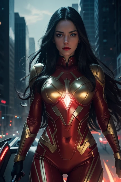 a highly detailed portrait of a beautiful woman with long dark hair, striking blue eyes, and full red lips wearing a tight-fitting red and gold metal superhero suit, billionaire genius, 1woman, 8k, photorealistic, hyper detailed face, cinematic lighting, dramatic shadows, heroic pose, flying over a cityscape at night, neon lights, glowing energy effects, explosions in the background, ultra detailed, cinematic, dramatic, striking colors, concept art style