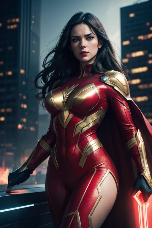 a highly detailed portrait of a beautiful woman with long dark hair, striking blue eyes, and full red lips wearing a tight-fitting red and gold metal superhero suit, billionaire genius, 1woman, 8k, photorealistic, hyper detailed face, cinematic lighting, dramatic shadows, heroic pose, flying over a cityscape at night, neon lights, glowing energy effects, explosions in the background, ultra detailed, cinematic, dramatic, striking colors, concept art style