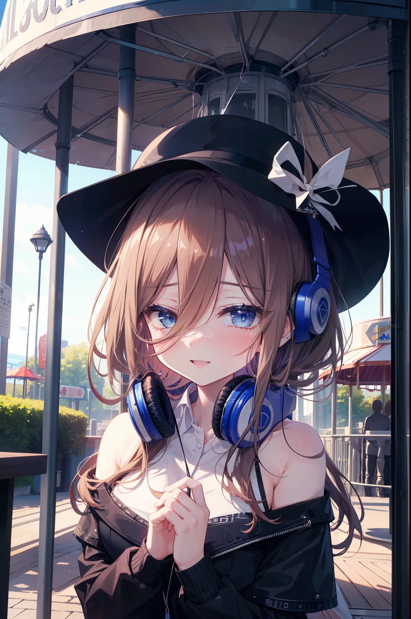 Mikunakano, Miku Nakano, Long Hair, bangs, blue eyes, Brown Hair, shirt, Hair between the eyes, cardigan, Headphones around neck,happy smile, smile, Open your mouth,Cold shoulder tops,Short sleeve,Shorts,High-top sneakers,Applejack Hat,Walking,whole bodyがイラストに入るように,Ferris wheel, roller coaster, carousel, balloon, playground, Seaside, green, amusement park
break indoors, amusement park,
break looking at viewer, whole body,(Cowboy Shot:1. 5)
break (masterpiece:1.2), highest quality, High resolution, unity 8k wallpaper, (figure:0.8), (Beautiful fine details:1.6), Highly detailed face, Perfect lighting, Highly detailed CG, (Perfect hands, Perfect Anatomy),