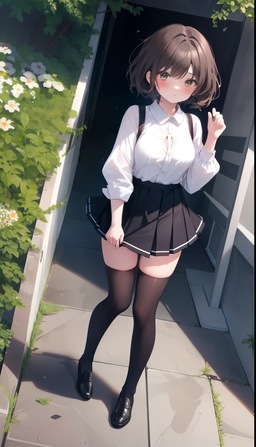 One Girl、Positive、From above、Full body portrait、Brown haired、Medium Haircut、blush、Absolute area、Knee socks、stockings、Black knee-high socks、White underwear、Cleavage、Light blue cut shirt、Unbutton your shirt、Shirt buttons fly off、Navy blue checkered pleated skirt、Very short skirt、garden、Daytime、(Very big boobs)、((Full Body Lesbian))、masterpiece、(highest quality)、Panties around the ankles、loafers、The wind blows up my skirt、vibrator in thighhighs