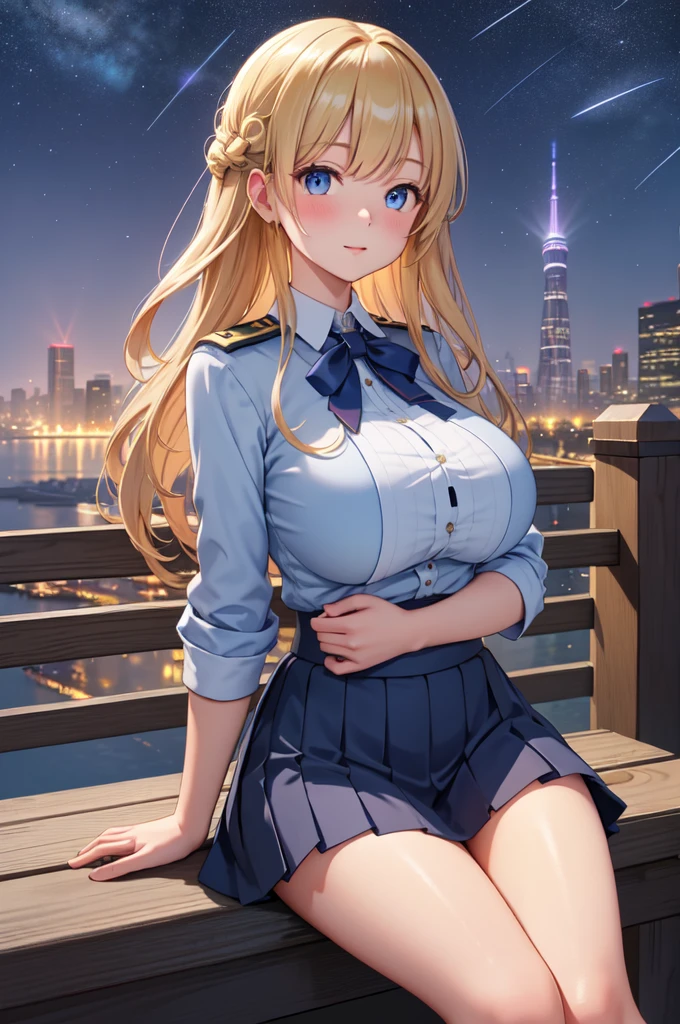 ((masterpiece))、highest quality、Very detailed、Extremely detailed CG、Unified 8K Wallpaper、Beautiful night view、Bench on the hill、Skyscrapers visible in the distance、Many shooting stars in the night sky、Calm atmosphere、The gentle light of a street lamp in the darkness、A summer breeze blows、
(Big Breasts: 1.4)、Cute Uniform、mini skirt、No sleeve、
Shiny skin、Glowing Eyes、Big round eyes、Detailed eyes、blue eyes
