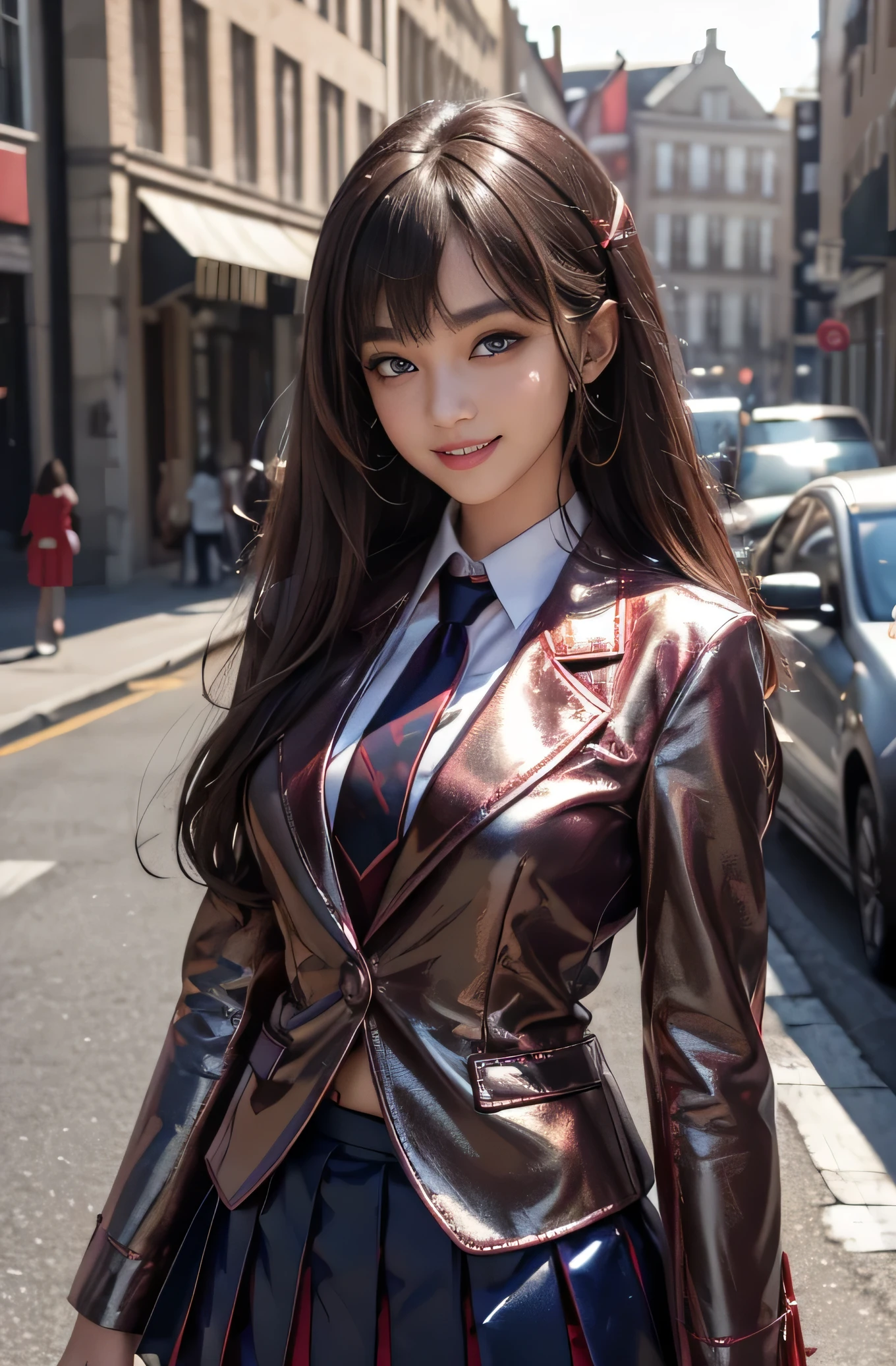 Angelic Very pretty cute young girl, 
very beautiful girl,
(V-line jaw),
Beautiful detailed brown eyes, 
small straight nose,small mouth,
Detailed double eyelids, 
(Large eyes:1.3), 
Long straight brown hair, 
see-through bangs, 
beautiful detailed face and eyes, 
smiling, in the street,
BREAK   
(super shiny metallic dark red  blazer:1.5),metallic pearl white school blouse,(shiny metallic bright red neck ribbon tie:1.2),(super shiny metallic dark blue pleated skirt :1.5),(school uniform with super reflective surfaces:1.5),

(Very beautiful cute girl:1.2), 
Very pretty cute young girl, 
V-line jaw,
Beautiful detailed eyes, 
very beautiful girl,
Detailed double eyelids, 
(Large eyes:1.3), 
Long straight brown hair, 
see-through bangs, 
beautiful detailed face and eyes, 
smiling, 
break  
(Very beautiful cute girl, Beautiful detailed eyes, Detailed double eyelids:1.3), 
(Soft Saturation: 1.3), 
(Fair skin: 1.4), 
(Large eyes:1.4), 
break  
Very beautiful cute girl, 
Sharp Focus, 
brown hair, 
Very beautiful cute girl, 
Raw photo, 
High resolution, 
perfect detail, 
Professional Photography, Professional Lighting, 
strong lighting,
break 
(smile:1.6),(5 yo:1.3)