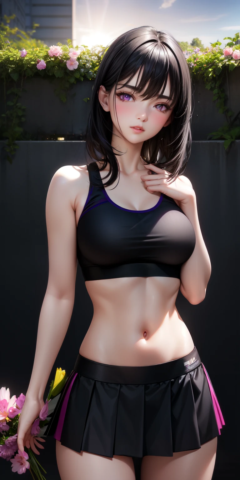 realistic, 1girl, black hair hair, purple eyes, glowing eyes, sports bra, skirt, parted lips, blush, night, flowers, sun, sunlight,