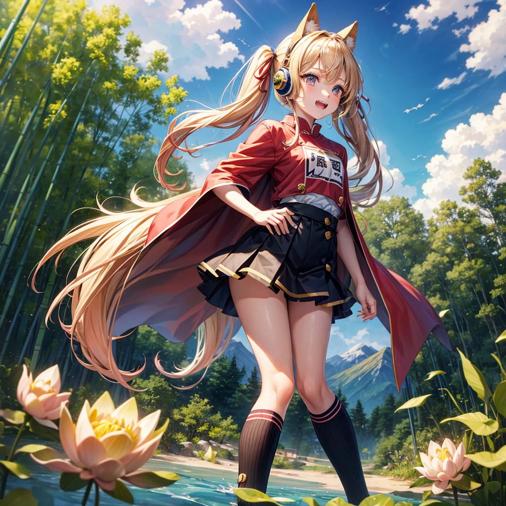 Pink gold golden hair、Golden Eyes、One good looking girl、Twin tails、solo、anime、Checkered mini skirt、The skirt has buttons、Red T-shirt、China、Cape、Black knee-high socks、Wearing headphones、Wearing a ribbon、Ribbon on waist、Tilting face、Teeth are visible、Sunset sky、Water Mountain、Piercing the clouds、Contrail、lens、tree、Touching your face、lotus leaves、Cumulonimbus、bamboo forest
