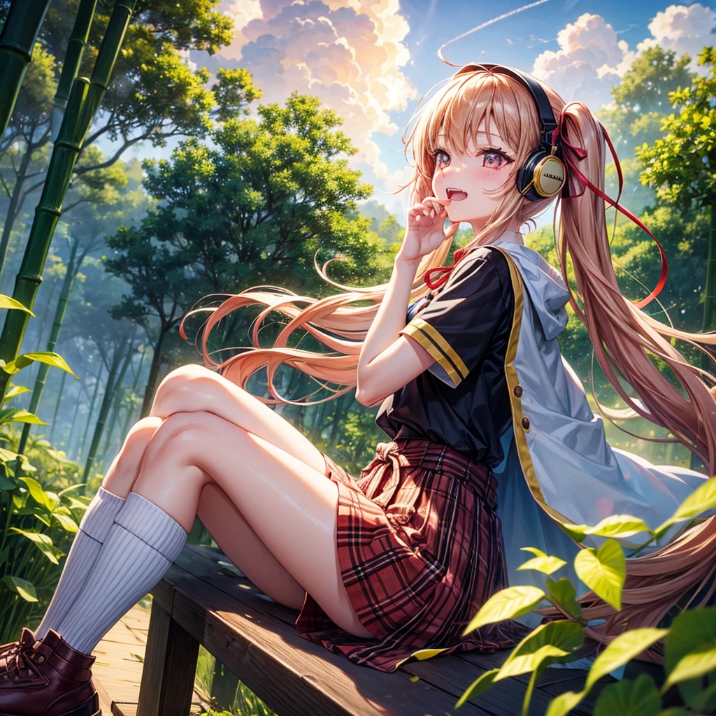 Pink gold golden hair、Golden Eyes、One good looking girl、Twin tails、solo、anime、Checkered mini skirt、The skirt has buttons、Red T-shirt、China、Cape、Black knee-high socks、Wearing headphones、Wearing a ribbon、Ribbon on waist、Tilting face、Teeth are visible、Sunset sky、Water Mountain、Piercing the clouds、Contrail、lens、tree、Touching your face、lotus leaves、Cumulonimbus、bamboo forest