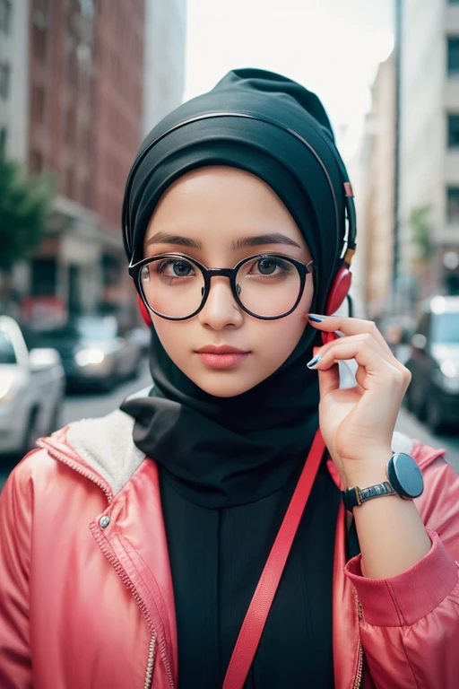 Photography a woman hijab wearing a glasses and headphone with camera selfie