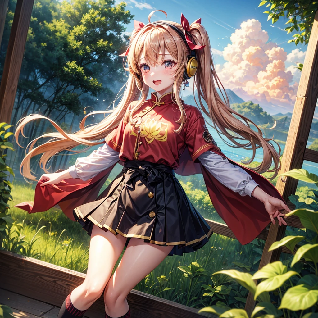 Pink gold golden hair、Golden Eyes、One good looking girl、Twin tails、solo、anime、Checkered mini skirt、The skirt has buttons、Red T-shirt、China、Cape、Black knee-high socks、Wearing headphones、Wearing a ribbon、Ribbon on waist、Tilting face、Teeth are visible、Sunset sky、Water Mountain、Piercing the clouds、Contrail、lens、tree、Touching your face、lotus leaves、Cumulonimbus、bamboo forest