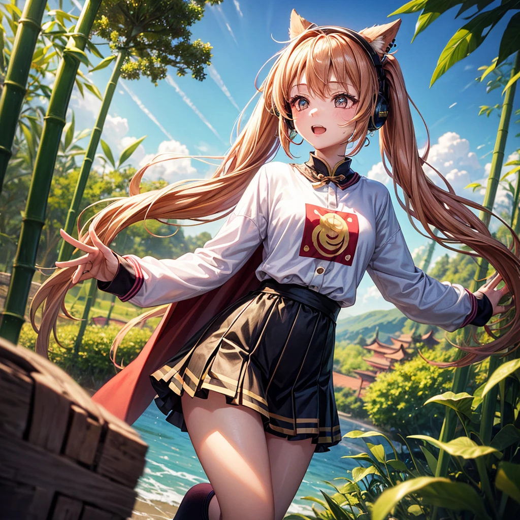 Pink gold golden hair、Golden Eyes、One good looking girl、Twin tails、solo、anime、Checkered mini skirt、The skirt has buttons、Red T-shirt、China、Cape、Black knee-high socks、Wearing headphones、Wearing a ribbon、Ribbon on waist、Tilting face、Teeth are visible、Sunset sky、Water Mountain、Piercing the clouds、Contrail、lens、tree、Touching your face、lotus leaves、Cumulonimbus、bamboo forest