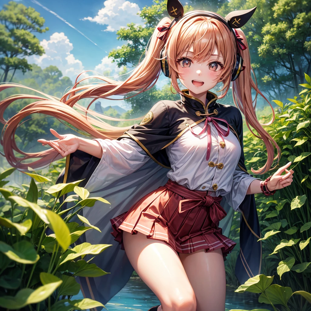 Pink Blue Gold Golden Hair、Golden Eyes、Two good looking girls、Twin tails、solo、anime、Checkered mini skirt、The skirt has buttons、Red T-shirt、China、Cape、Black knee-high socks、Wearing headphones、Wearing a ribbon、Ribbon on waist、Tilting face、Teeth are visible、Sunset sky、Water Mountain、Piercing the clouds、Contrail、Tinted Glasses、tree、Touching your face、lotus leaves、canal、Cumulonimbus、bamboo forest、Facing each other