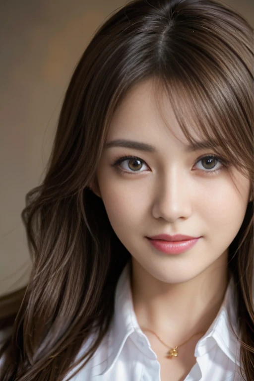 On the table, best quality, Practical, Super detailed, Finely, high resolution, 8k wallpaper, 1 Beautiful woman,, Light brown messy hair, Wearing a suit, Clear focus, Perfect dynamic composition, Beautiful and delicate eyes, Thinning hair, Detailed Practical skin texture, Smile, Close-up portrait, Model figure