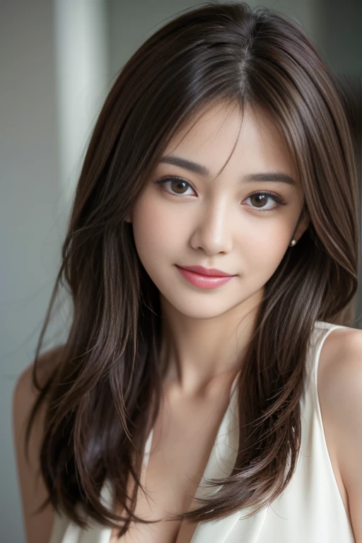 On the table, best quality, Practical, Super detailed, Finely, high resolution, 8k wallpaper, 1 Beautiful woman,, Light brown messy hair, Wearing a suit, Clear focus, Perfect dynamic composition, Beautiful and delicate eyes, Thinning hair, Detailed Practical skin texture, Smile, Close-up portrait, Model figure