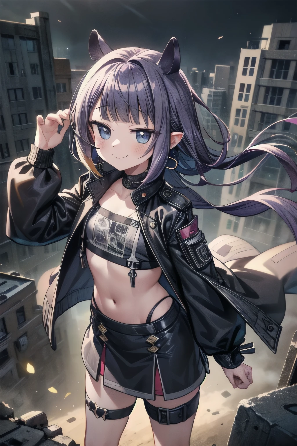 ((Ninomae Ina'nis)), ((Masterpiece)), ((best quality)), (Anime:1.3), (super detail:1.2),(High Definition:1.3), (Professional Photography:1.2), from above, (flat body), flat chest, (laughing face), leather, silky long hair, earrings, leather jacket, thigh strap, wind blow, jewelry, hand on hip, shirt, open jacket, midriff, bangs, open clothes, long sleeves, looking at viewer, standing, closed mouth, hand up, crop top, (looking at another), ((on the collapsed city of the apocalypse)), (sharp focus), (perfect light),