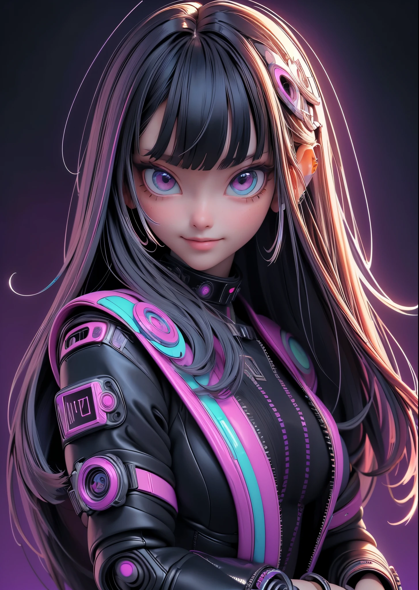 (masterpiece, highest quality, highest quality, Official Art, beautifully、aesthetic:1.2), (Cyberpunk fashion girl 1)、Smiling Girl、Big eyes、With your fingers♡、Long silver hair with bangs、Very detailed,(Fractal Art:1.3)、Colorful gel background、Fractal Background、Perfect lighting、Sharp focus、High resolution、High resolution、High color rendering、High resolution、Super realistic、