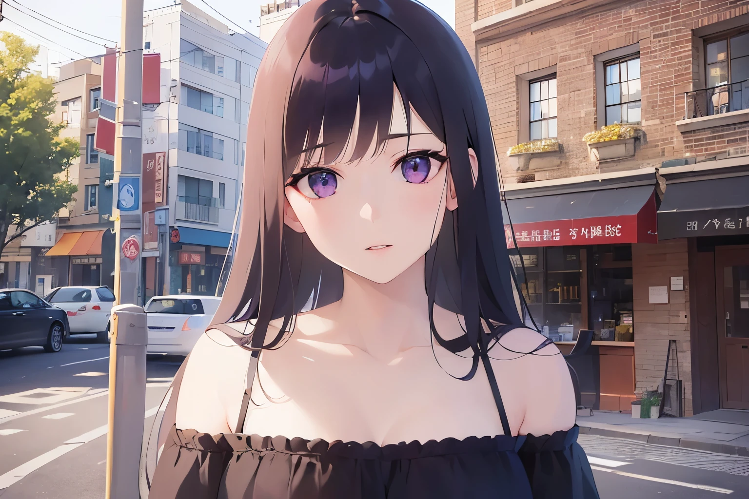 highest quality、masterpiece、(Pink off-shoulder：1.5）, Realistic, real person, (pale skin: 1.2), RAW photo, photorealistic, shiny skin, shiny hair、(A 26-year-old woman with straight hair and bangs) and (medium hair) and (black hair) and (purple eyes) ,（Questioning face）and（head tilt）、The background is a coffee shop、Alone、Shooting from the front