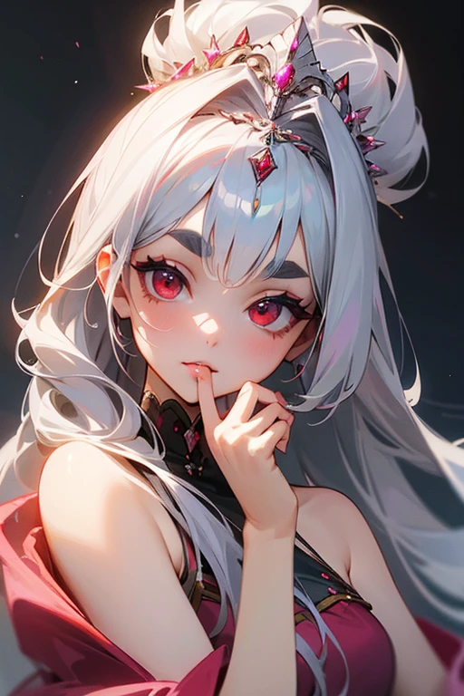 (highest quality, masterpiece:1.2), High resolution, Very detailed, Realistic:1.37, Fantasy, An illustration, Hair is whiteいです、Red eyes、Queen, Pink Dress.Platinum decoration、beautifully、Eyeshadow Red、Thick eyebrows、Long eyelashes、pupils are black、Hair is whiteい、Kissing Face、Embarrassing、Loved、ponytail、Hair is white、very cute、Shoulder Bare、platinum tiara、Beautiful hair ornaments、Silver Tiara、