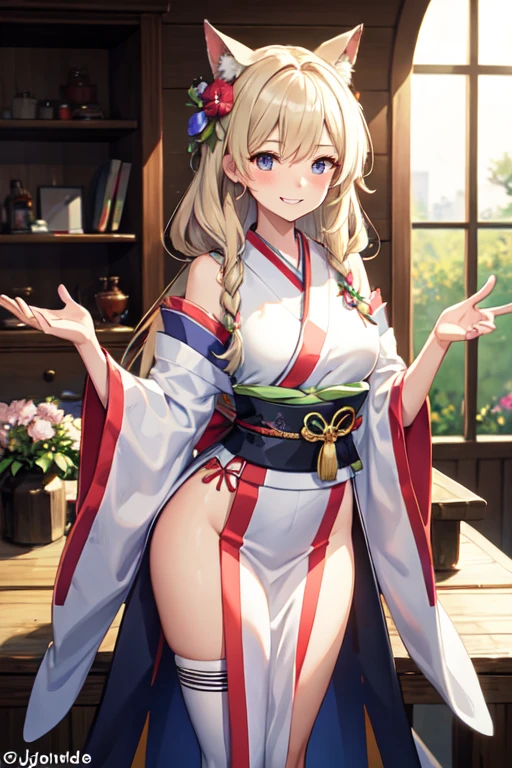 Jeune fille, long white curly hair, porte un kimono japonais a fleurs, forte poitrine et grosse fesses, pretty embarrassed smile, joue au jeux vidéo avec un Cosplay de démone