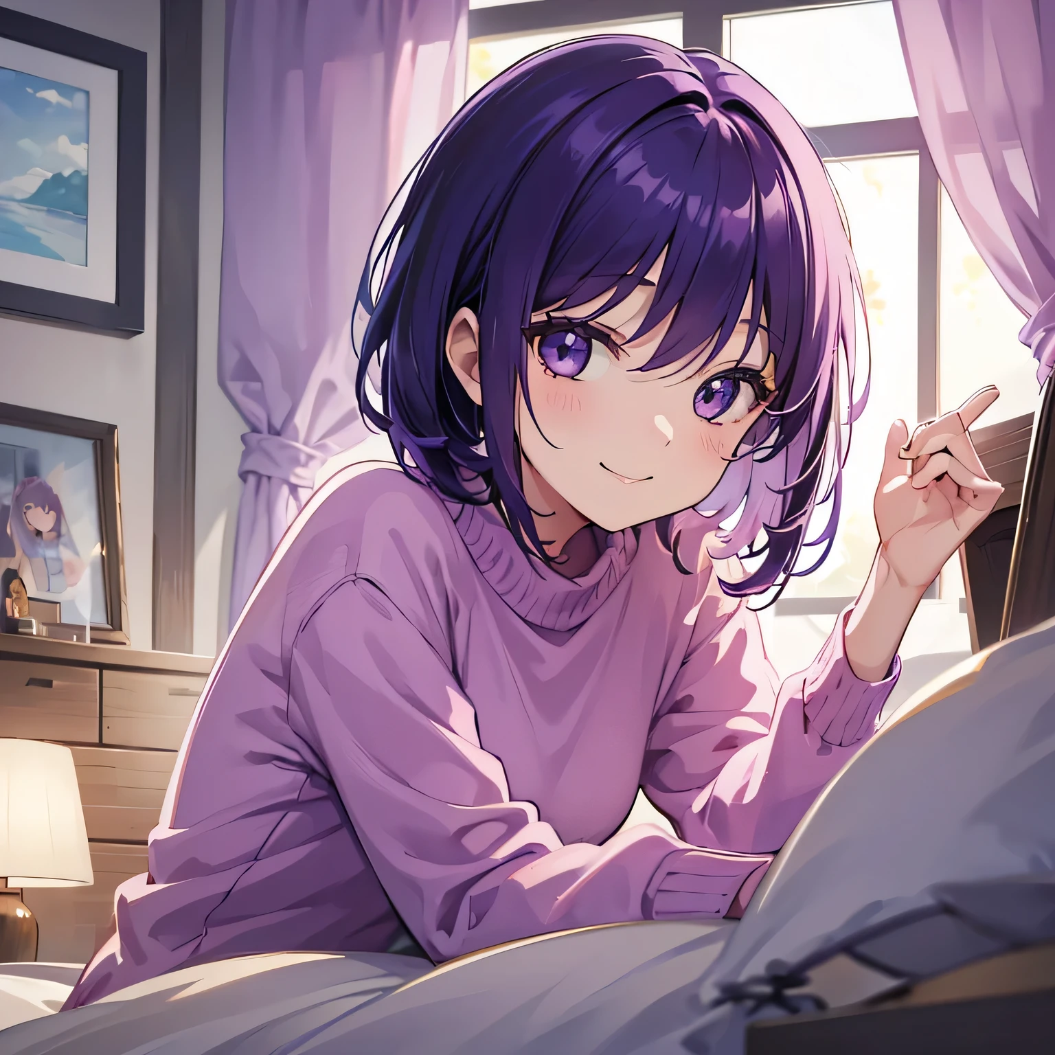 (T Masterpiece，4K wallpaper，Best Quality))、((girl１people))、(solo)、Bright and Brilliant，(Purple Hair)、(Shortcuts:1.3)、smile、Bedroom、sweater、morning