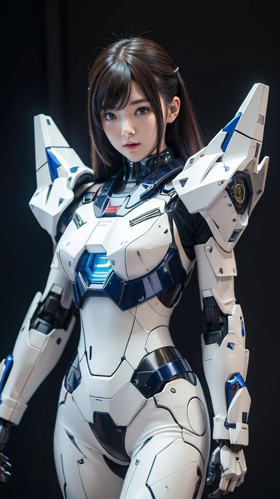 Textured skin, Super Detail, high details, High quality, Best Quality, hight resolution, 1080p, hard disk, Beautiful,(Gundam),beautiful cyborg woman,Mecha Cyborg Girl,Battle Mode,Girl with a Mecha Body,She wears a futuristic Gundam mecha,Fulll body Shot