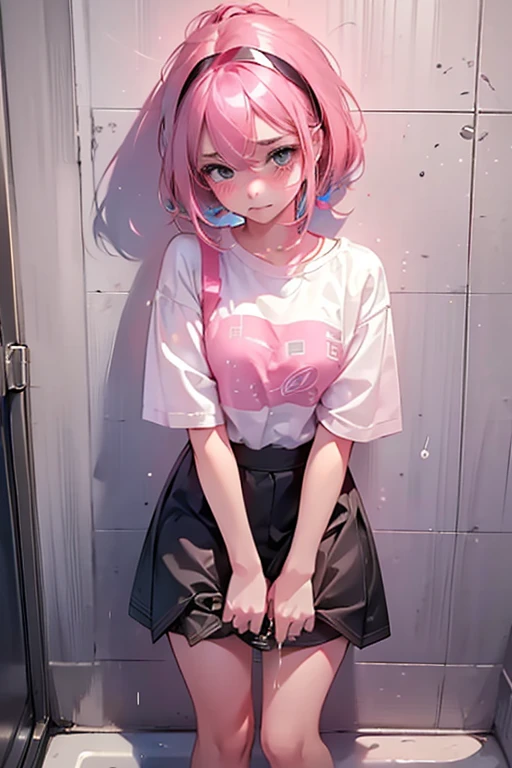 1girl,solo,blush,cute pink hair,she takes to the bathroom,Look away,Standing,embarrassed from、Blushing,Keep your mouth shut,a street(Girl is peeing:1.7),Mini skirt