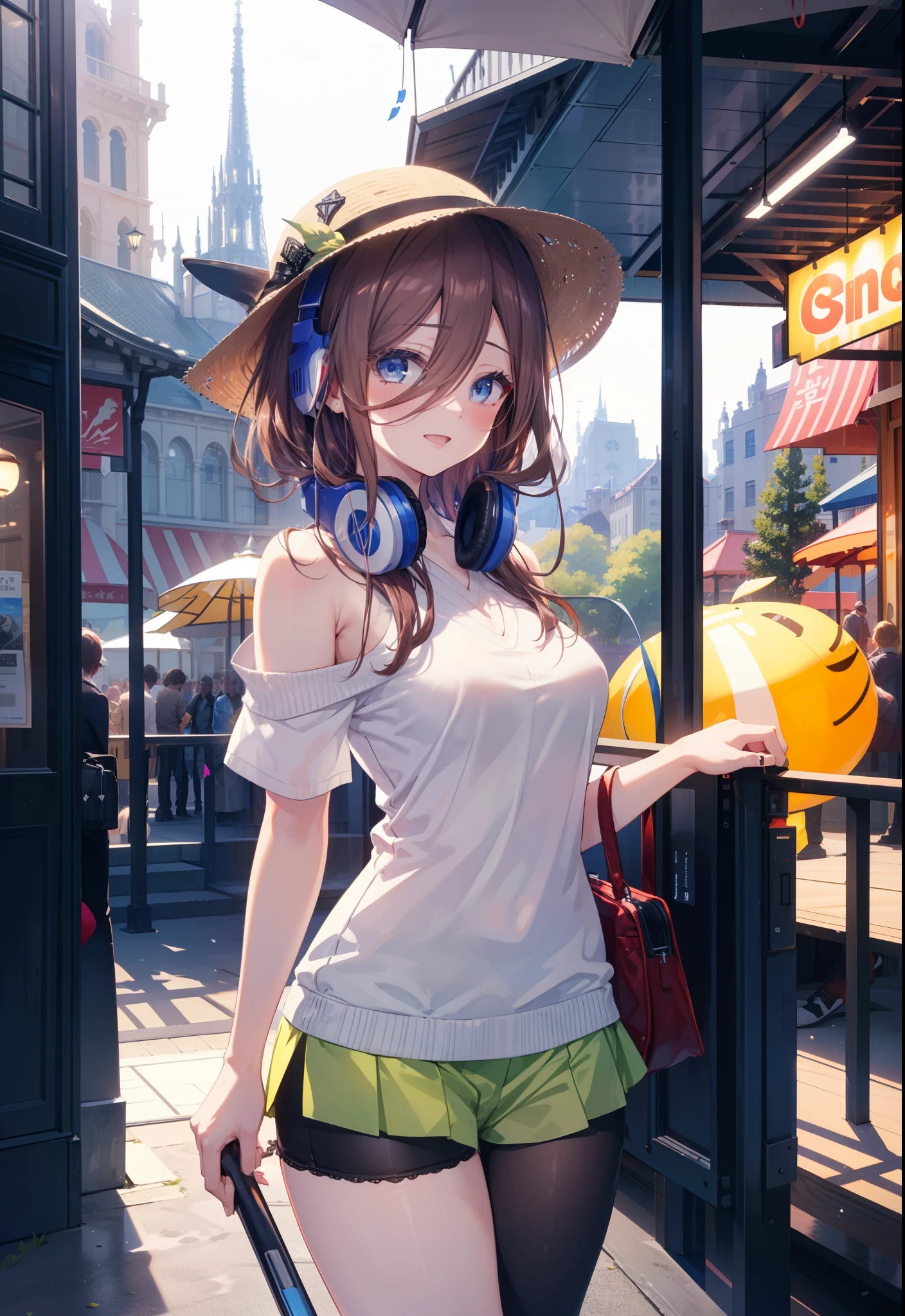 Mikunakano, Miku Nakano, Long Hair, bangs, blue eyes, Brown Hair, shirt, Hair between the eyes, cardigan, Headphones around neck,happy smile, smile, Open your mouth,Cold shoulder tops,Short sleeve,Shorts,High-top sneakers,Applejack Hat,Walking,whole bodyがイラストに入るように,Ferris wheel, roller coaster, carousel, balloon, playground, Seaside, green, amusement park
break indoors, amusement park,
break looking at viewer, whole body,(Cowboy Shot:1. 5)
break (masterpiece:1.2), highest quality, High resolution, unity 8k wallpaper, (figure:0.8), (Beautiful fine details:1.6), Highly detailed face, Perfect lighting, Highly detailed CG, (Perfect hands, Perfect Anatomy),