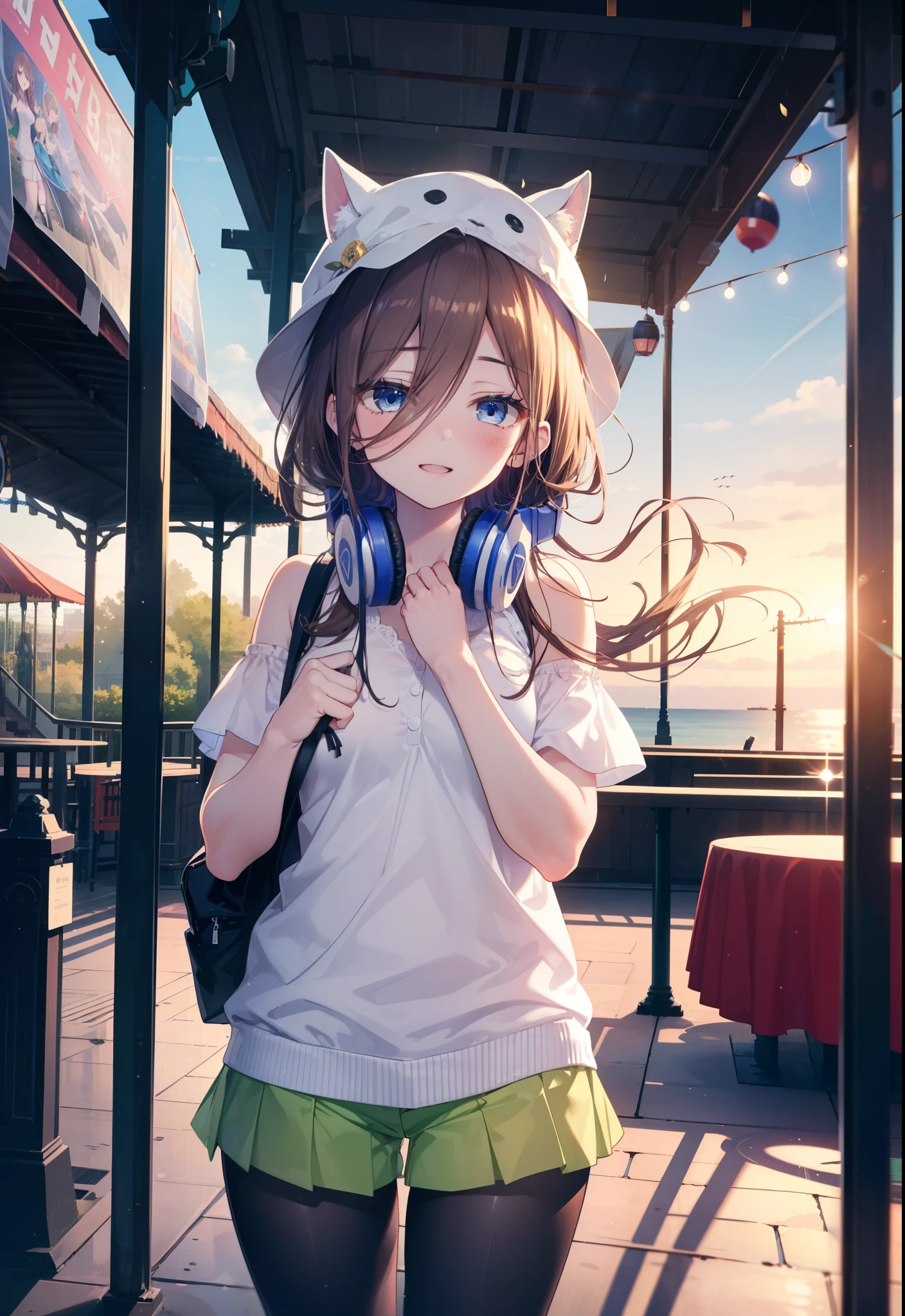 Mikunakano, Miku Nakano, Long Hair, bangs, blue eyes, Brown Hair, shirt, Hair between the eyes, cardigan, Headphones around neck,happy smile, smile, Open your mouth,Cold shoulder tops,Short sleeve,Shorts,High-top sneakers,Applejack Hat,Walking,whole bodyがイラストに入るように,Ferris wheel, roller coaster, carousel, balloon, playground, Seaside, green, amusement park
break indoors, amusement park,
break looking at viewer, whole body,(Cowboy Shot:1. 5)
break (masterpiece:1.2), highest quality, High resolution, unity 8k wallpaper, (figure:0.8), (Beautiful fine details:1.6), Highly detailed face, Perfect lighting, Highly detailed CG, (Perfect hands, Perfect Anatomy),