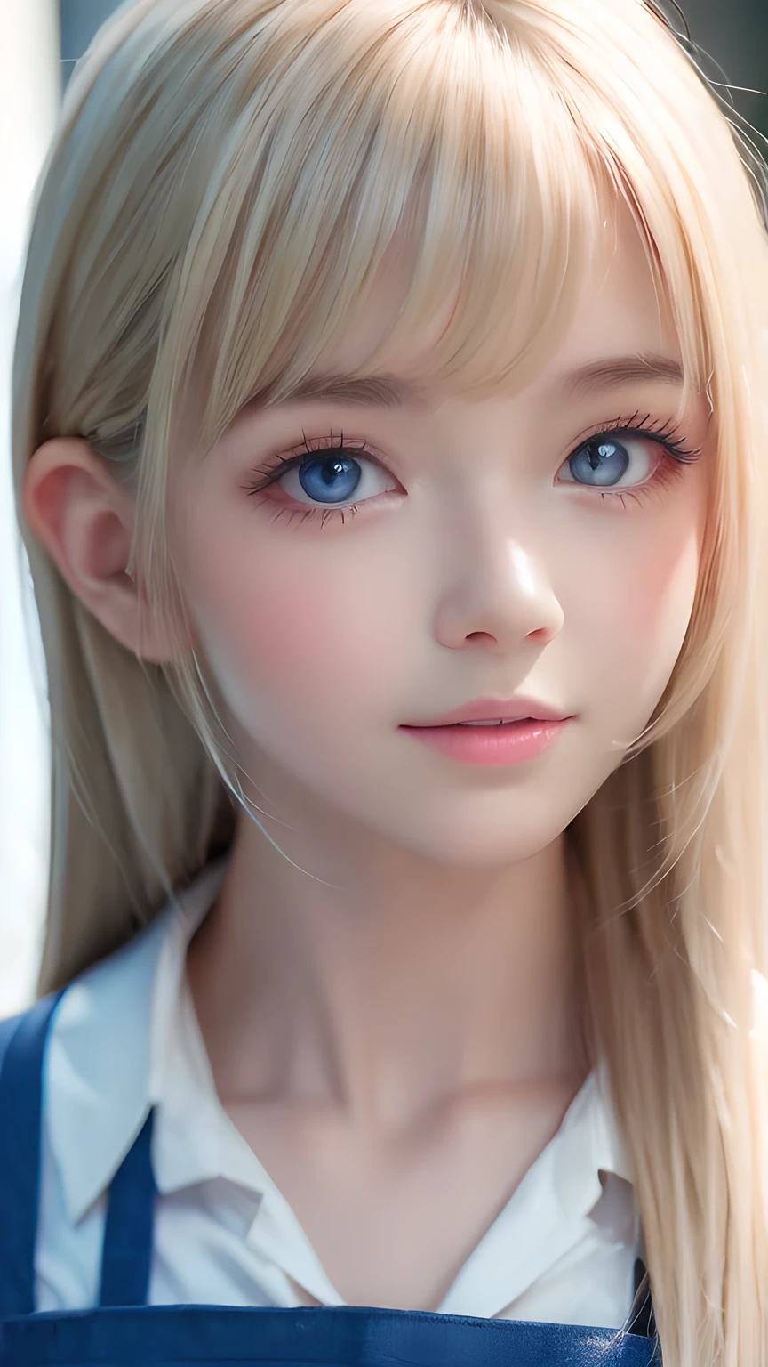 Photorealism、highest quality、超A high resolution、photograph、Photograph of a very beautiful girl from Scandinavia、Very beautiful girl、Cute and beautiful face details、(PurerosFace_v1:0.008)、Beautiful Bangs、Alice in Wonderland、16 years old、Shine, fair, Shine Skin、Facial hair、Bangs on the face、Bangs between the eyes、Super long super long hair、Attractive bright natural platinum blonde super long straight silky hair、Thin Hair、Very large, Beautifully Shine Bright Blue Eyes、white apron、Blue clothes、eyeliner、double eyelid、Ample Bust、white, Shiny skin、Small Face Beauty、Round face、