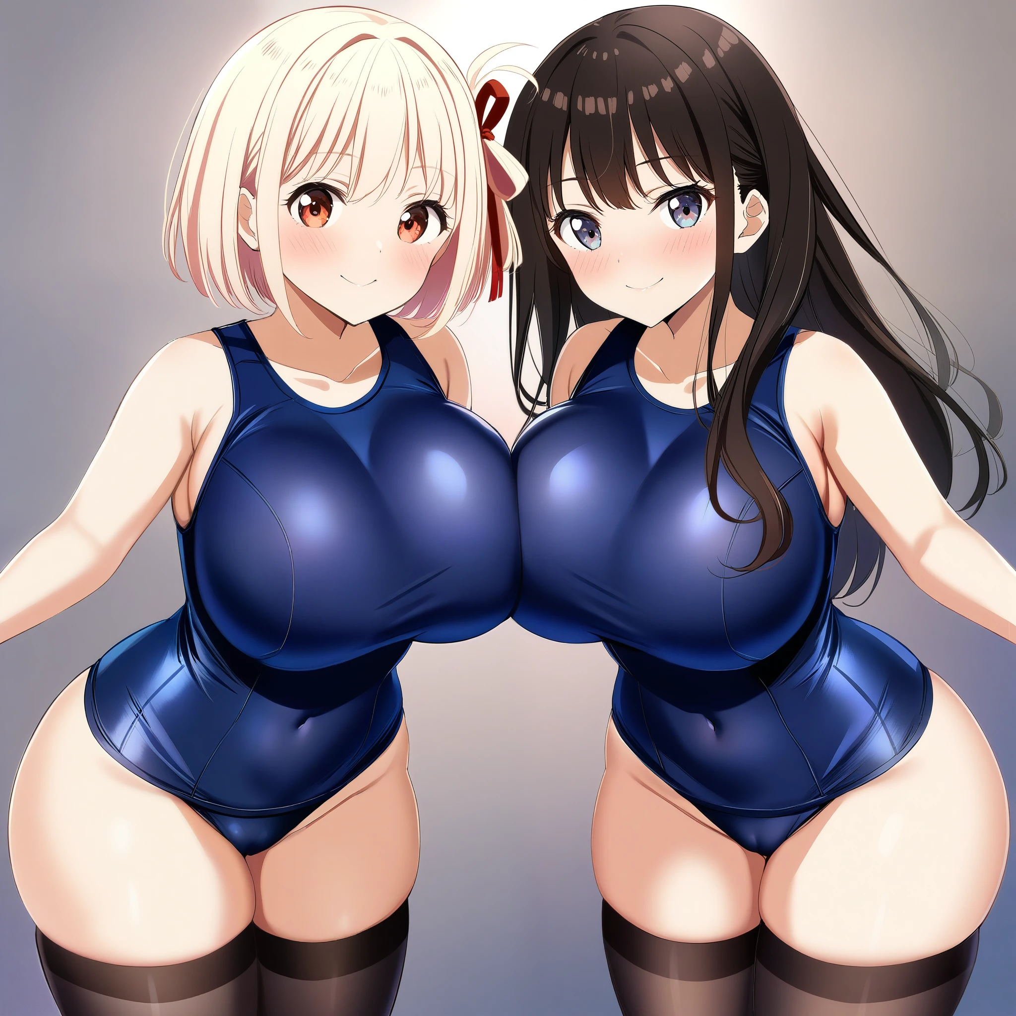2girls, nishikigi chisato, inoue takina, lycoris recoil, couple, perfect anatomy, symmetry, sukumizu, school swimsuit, thighhighs, huge breasts, big ass, looking at viewer, shy, blush, smile, masterpiece, best quality, very aesthetic, absurdres, anime,