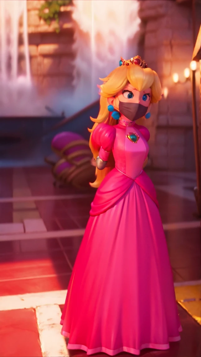 Princess Peach, solo, 1 girl, ((wearing a long hot pink dress)), huge breasts, upper body, masterpiece,8k, best quality, good hands,good eyes, pixarstyle, 1girl, solo, style,parody,3d,long hair, detail hair, blonde hair, maximum detail, intricate detail, extremely clear, beach, nsfw, smile, shy, blush, embaressed, ((long hair)), (tall girl), (solo, 1 girl), ((shibari, arms behind back : 1.4)) , ( full face otn gag mask), (full body view),((toes to head view)), ((complete body view photo)), ((standing)), Scared, (Skinny), view the viewer, ((shibari, bound arms, arms back behind:1.4)), ((tied in a wood pole)), ((wood pole)), ((tight full face latex mask)), (otn gag), gagged, (tight latex mask), (black mask), day light, ((she wears a black mask with a mouth printed on it)), WMASK_gag, WMASK_on, WMASK_BANDANA_ON, WMASK_latex, WMASK_Breathplay