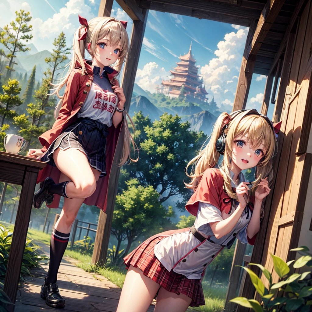 Pink gold golden hair、Golden Eyes、One good looking girl、Twin tails、solo、anime、Checkered mini skirt、The skirt has buttons、Red T-shirt、China、Cape、Black knee-high socks、Wearing headphones、Wearing a ribbon、Ribbon on waist、Tilting face、Teeth are visible、Sunset sky、Water Mountain、Piercing the clouds、Contrail、lens、tree、Touching your face、lotus leaves、Cumulonimbus、bamboo forest
