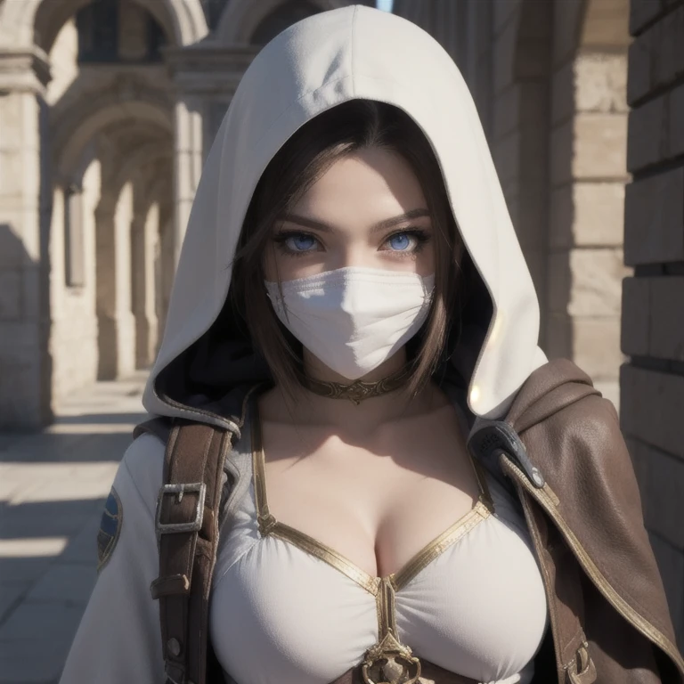 A full-body shot of Princess Zelda, brown hair, blue eyes, dressed as an Assassin from Assassins Creed, in white+gold witha white mask and hood with gold details, XL bust, using a wrist blade. Background: A city during the renaissance period. Unreal Engine 5, Anime, Anime style, Masterpiece, Well drawn eyes, well drawn face, well detailed eyes, well detailed face, 8k, light and shadow effect.