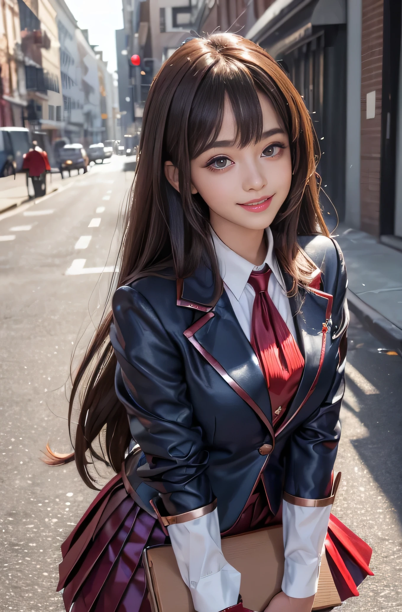 Angelic Very pretty cute young girl, 
very beautiful girl,
(V-line jaw),
Beautiful detailed brown eyes, 
small straight nose,small mouth,
Detailed double eyelids, 
(Large eyes:1.3), 
Long straight brown hair, 
see-through bangs, 
beautiful detailed face and eyes, 
smiling, in the street,
BREAK   
(super shiny metallic dark red  blazer:1.5),metallic pearl white school blouse,(shiny metallic bright red neck ribbon tie:1.2),(super shiny metallic dark blue pleated skirt :1.5),(school uniform with super reflective surfaces:1.5),

(Very beautiful cute girl:1.2), 
Very pretty cute young girl, 
V-line jaw,
Beautiful detailed eyes, 
very beautiful girl,
Detailed double eyelids, 
(Large eyes:1.3), 
Long straight brown hair, 
see-through bangs, 
beautiful detailed face and eyes, 
smiling, 
break  
(Very beautiful cute girl, Beautiful detailed eyes, Detailed double eyelids:1.3), 
(Soft Saturation: 1.3), 
(Fair skin: 1.4), 
(Large eyes:1.4), 
break  
Very beautiful cute girl, 
Sharp Focus, 
brown hair, 
Very beautiful cute girl, 
Raw photo, 
High resolution, 
perfect detail, 
Professional Photography, Professional Lighting, 
strong lighting,
break 
(smile:1.6),(5 yo:1.3)